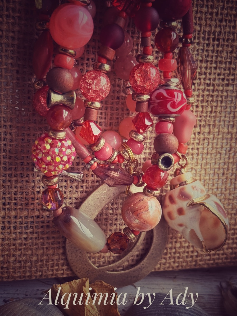 Alquimia Coral and Pink Multi-Strand Beaded Bracelet with Gold Accents